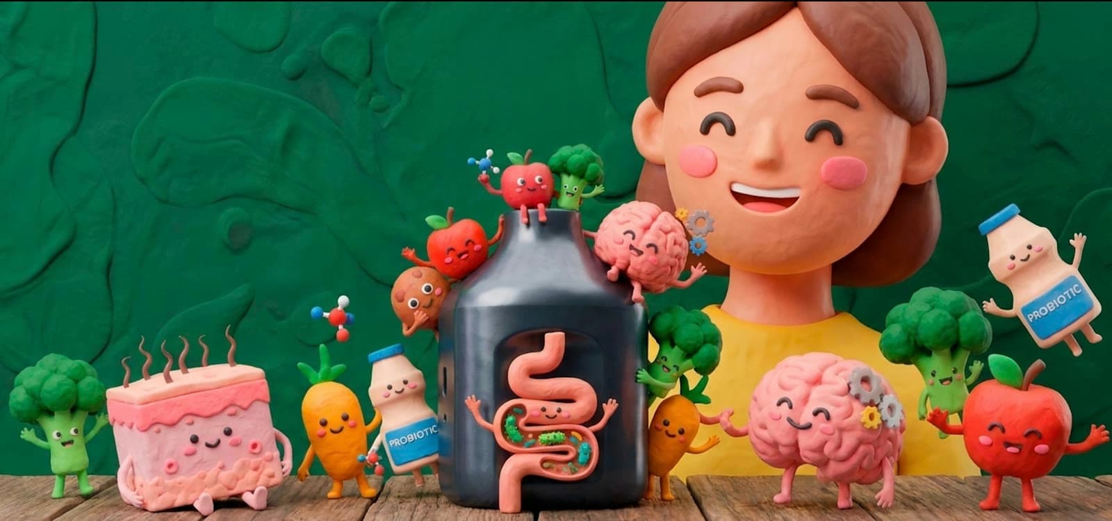 Clay illustration of a person, wholesome foods, and a Whiff device representing the gut-skin connection