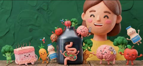 Clay illustration of a person, wholesome foods, and a Whiff device representing the gut-skin connection