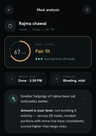 Whiff meal analysis showing a fair-fit score and portion guidance for rajma chawal